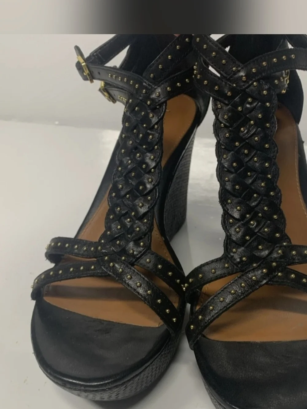 Ralph Lauren Black Braided T-Strap Wedge Sandals with Gold Studs